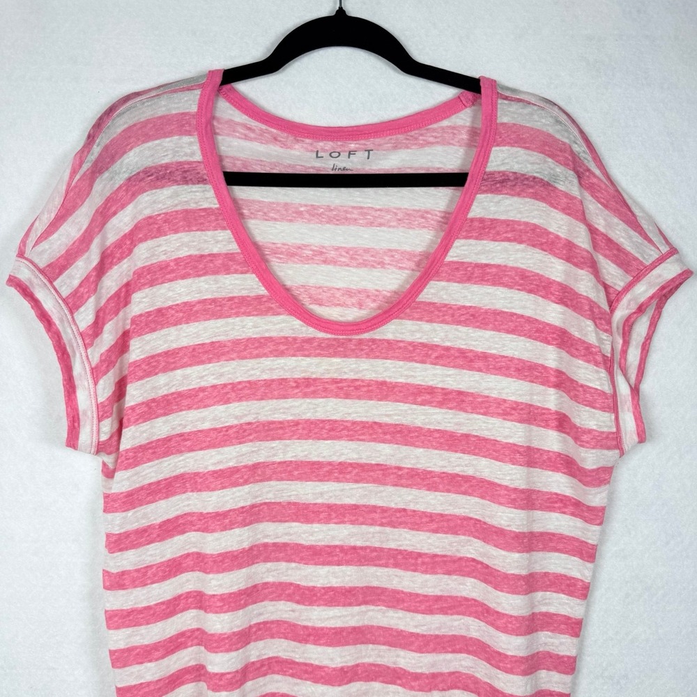 LOFT Linen Pink White Striped Short Sleeve Scoop Neck Top Large - Picture 3 of 7